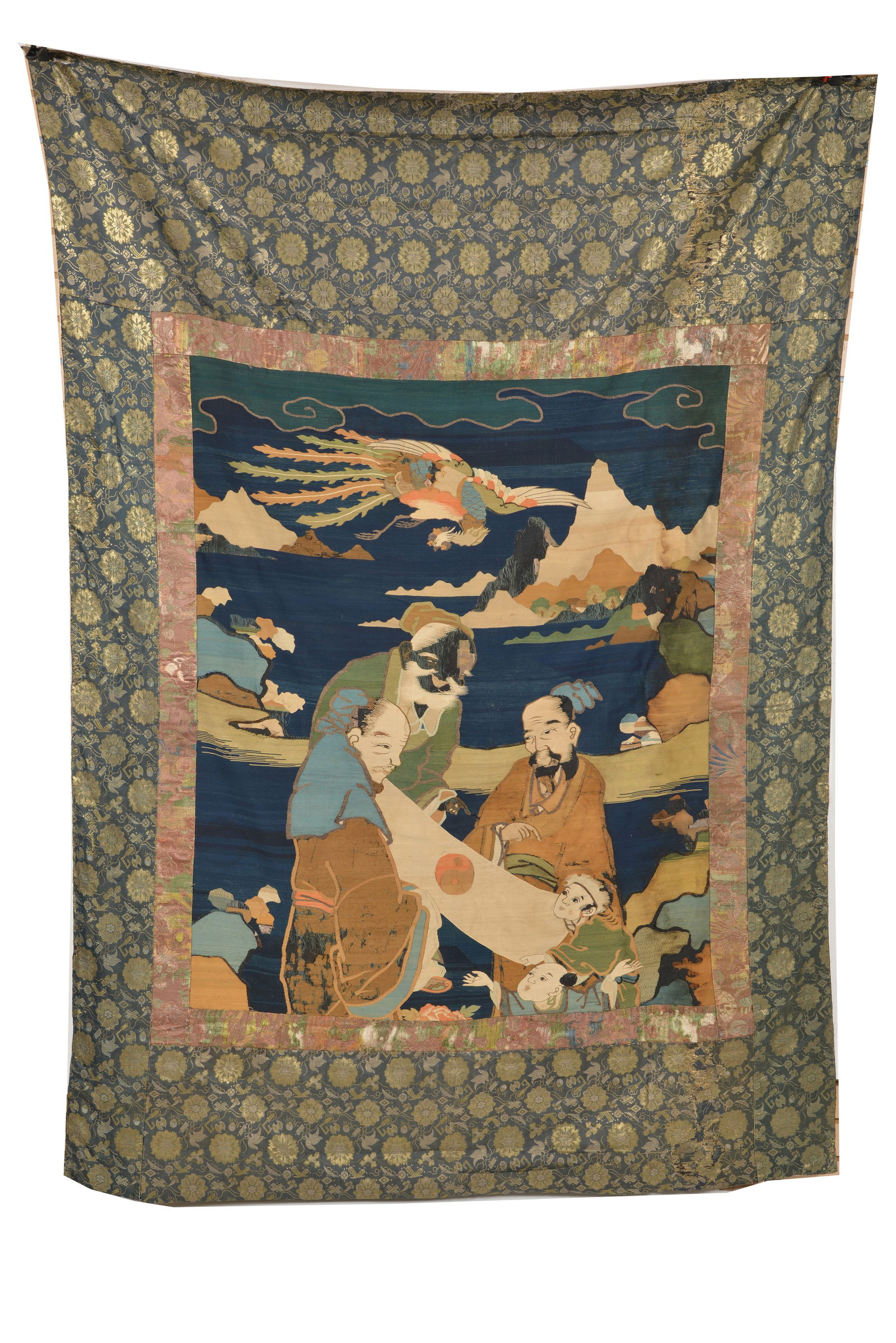 Tapestry weave panel. Japan. 18th/19th century. Scene of a phoenix and the immortals. 37 x 48in (1 of 5)