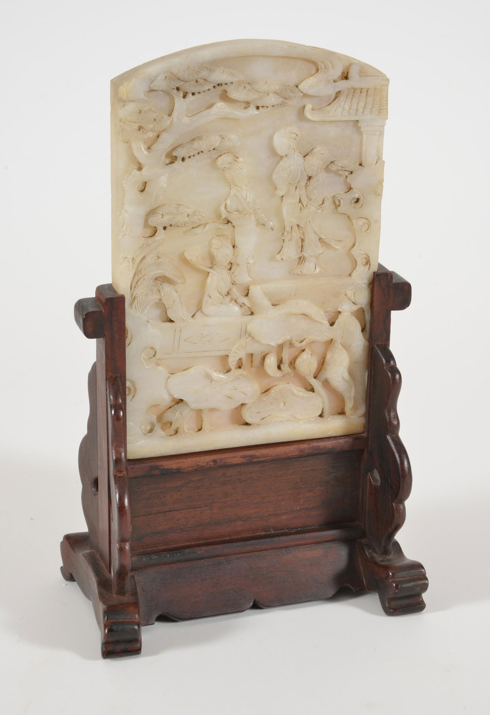 Table screen. China. Early 20th century. Marble plaque carved with women viewing lotus flowers. (1 of 5)