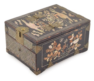 19th century Korean mother of pearl inlaid lift top dressing box. Crane and floral inlay. Missing