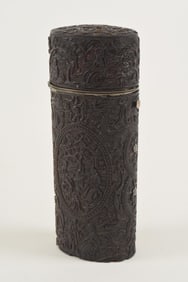 Carved shell case. China. 19th century. Canton work with figures in palace landscapes. Silver