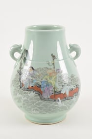 Porcelain vase. China. 19th century. Hu form. Celadon ground with famille rose decoration of Lan