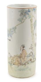 Porcelain hat stand. China. Early 20th century. Cylindrical form. Decoration of a scholar and a