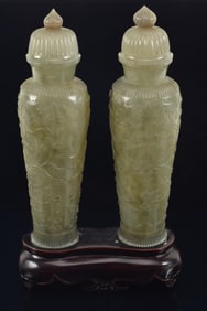 Pair of Mughal style spinach green jade vases. China. Early 20th century. 8.5in.
