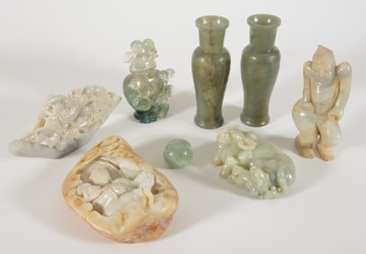 Lot of 8 hardstone carvings. Largest 9in.