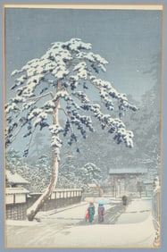 Hasui Kawase. "Ikegami Honmoji Temple". Original Japanese color woodblock print of snowy winter