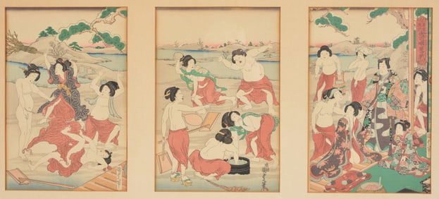 Japanese erotic woodblock triptych of nude figures in a garden. Framed under glass. Overall: 23.5 x