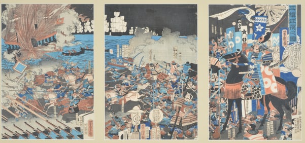 19th century Japanese woodblock triptych of a battle scene. Framed under glass. Overall: 20.25 x