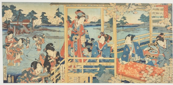 Toyohara Kunichika. Japanese woodblock triptych of court women in a garden pavilion. Framed under