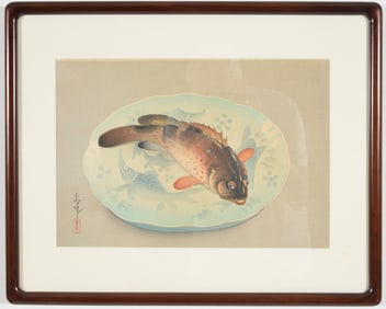 Bakufu Ohno. "Fish on a Plate". Japanese woodblock print. Kiku Sui gallery label on reverse with