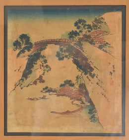 Katsushika Hokusai. "Moon Underneath the Bridge". Japanese woodblock. Framed under glass. Staining.