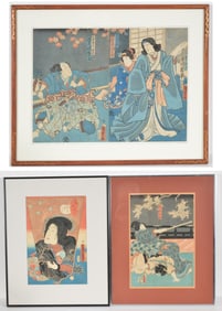 Utagawa Kunisada. Lot of 3 Japanese woodblocks. Framed under glass. Largest overall: 18.5 x 23in.