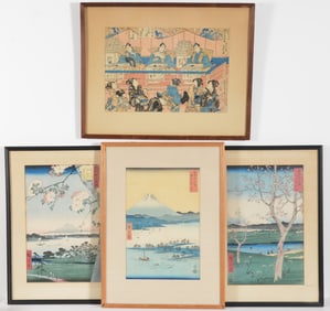4 Japanese woodblock prints. To include view of Mt. Fuji by Hiroshige, and others. Framed under