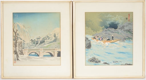 2 Japanese prints. Snow landscape with bridge, and figures in a raft. Framed under glass. Overall: