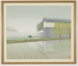 Shufu Miyamoto. "Rainy Season". Lithograph print of a rice farmer. Signed, numbered 61/150 and