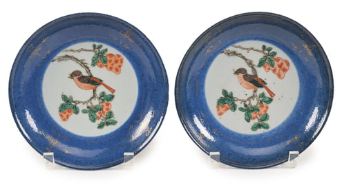 Pair of porcelain saucer dishes. China. 18th century. Decoration of famille verte birds and fruiting