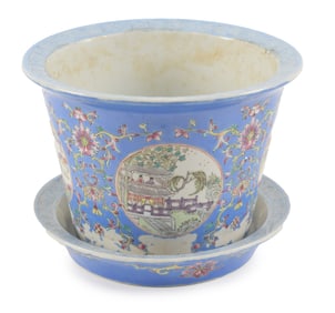Porcelain planter and underliner. China. Late 19th century. Powder blue ground with floral