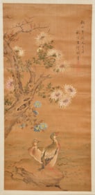 19th/20th century Chinese painted scroll depicting ducks in a floral decorated landscape.
