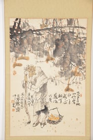 Scroll painting. China. 20th century. Man with a walking stick and basket of fruit in a landscape.