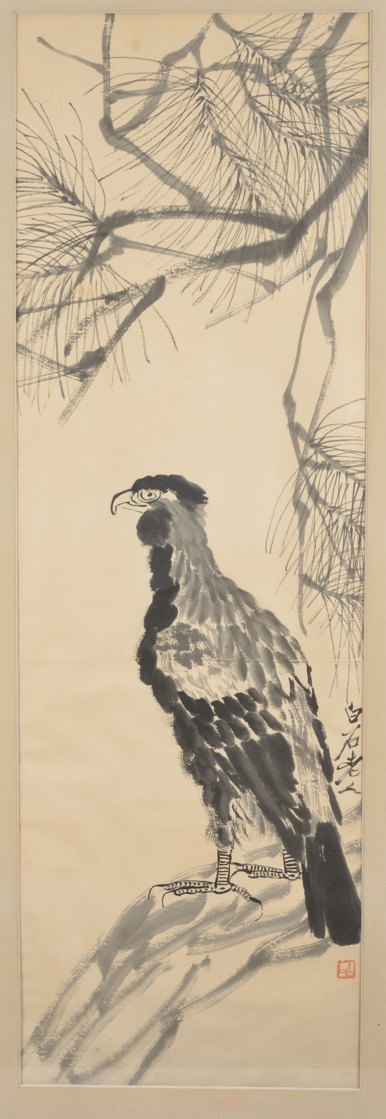 After Qi Baishi. Mid 20th century. Collotype print of an eagle on a pine branch. Framed under glass. (1 of 5)