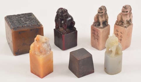 Lot of 7 seals. China. 19th/20th century. 2 wood, 5 soapstone. 3in largest.