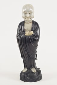Chinese carved soapstone and hardwood figure. Inscription on reverse. 16in high.