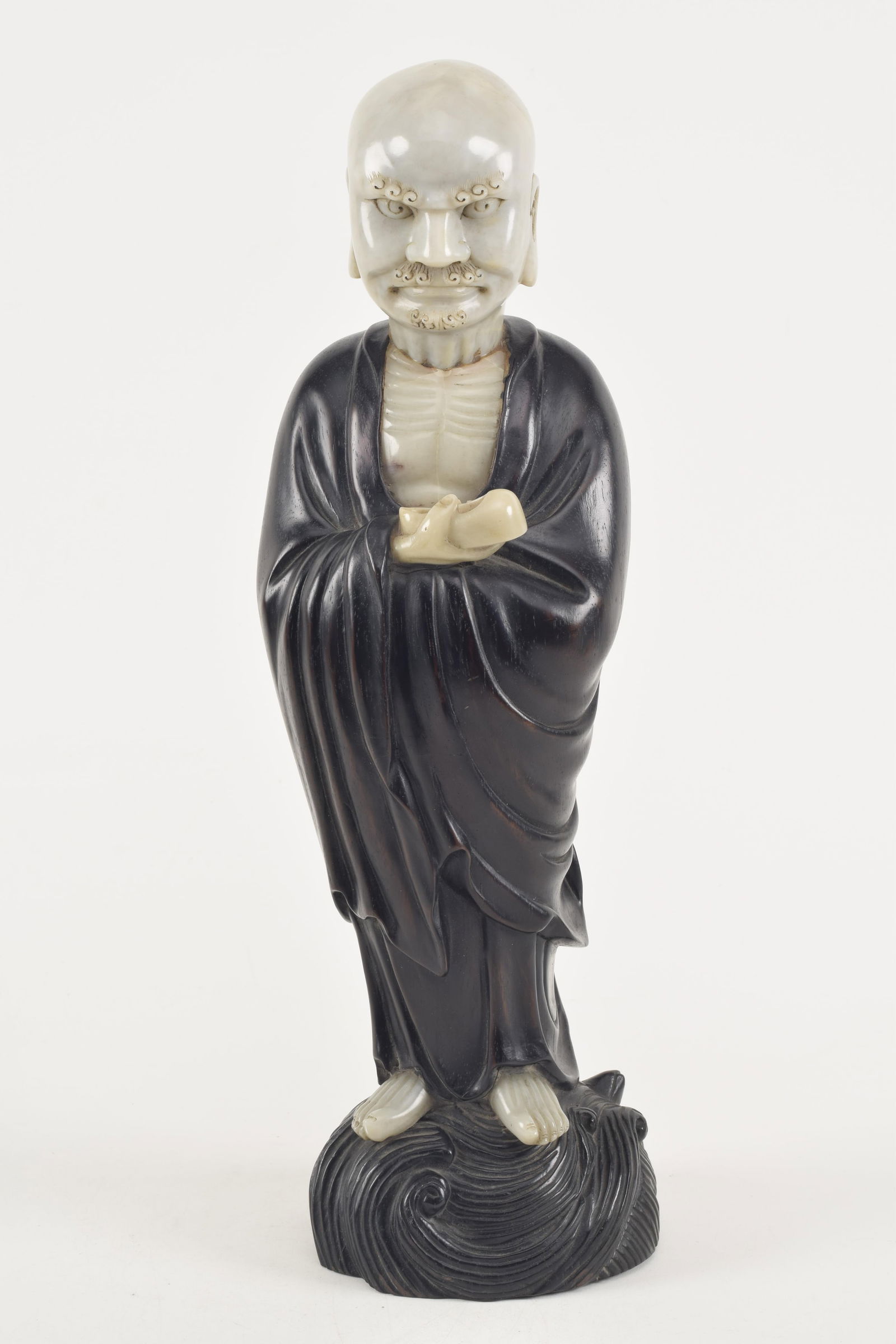 Chinese carved soapstone and hardwood figure. Inscription on reverse. 16in high.: Chinese carved soapstone and hardwood figure. Inscription on reverse. 16in high.
