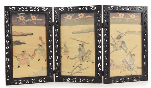 3 panel screen. China. Early 20th century. Kossu panels with historical scenes in a carved and