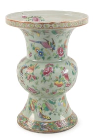 Porcelain vase. China. 19th century. Rose medallion on a celadon ground. Ku beaker form. 15in.