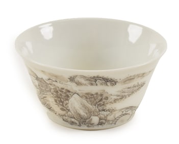 Porcelain wine cup. China. Early 20th century. Bucket form. Sepia decoration of a landscape. Yung