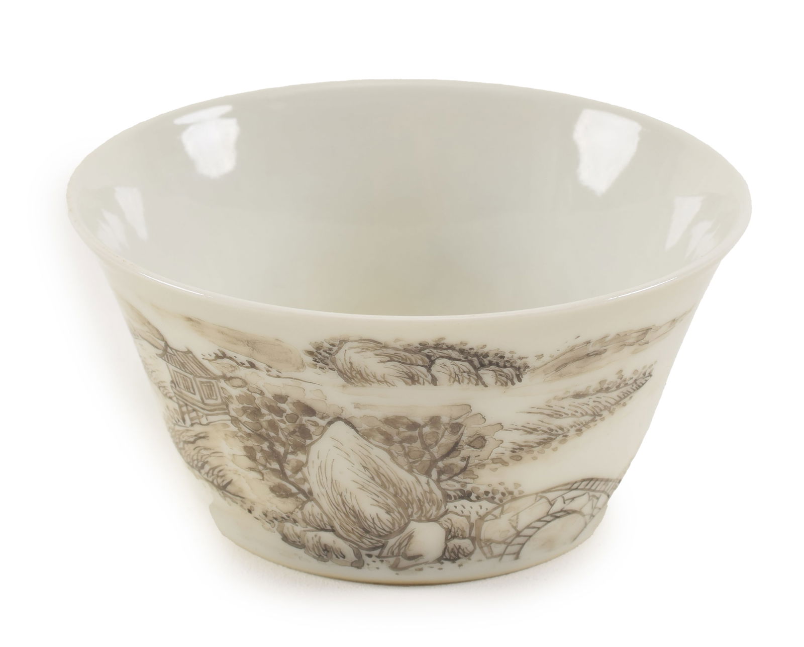 Porcelain wine cup. China. Early 20th century. Bucket form. Sepia decoration of a landscape. Yung: Porcelain wine cup. China. Early 20th century. Bucket form. Sepia decoration of a landscape. Yung Cheng mark. 3 x 1.75in.