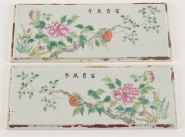 Pair of rectangular porcelain plaques. China. 19th century. Famille rose decoration of flowers. 9 x