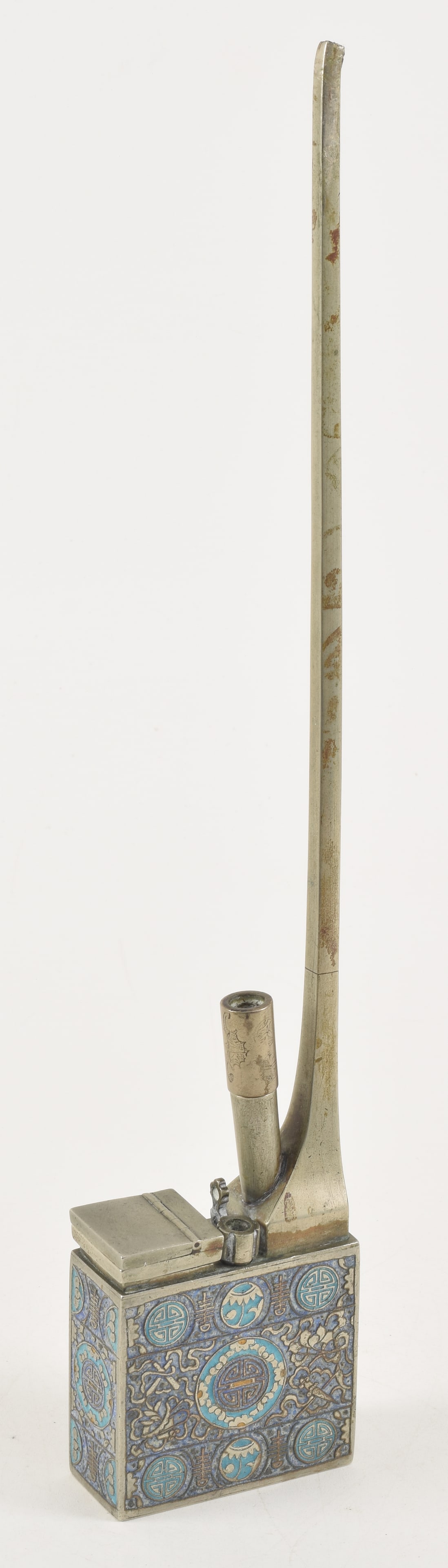 19th century Chinese enamel decorated signed Paktong water pipe. Buddhist symbol decoration. Signed (1 of 6)