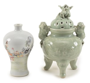 2 porcelains. China. Late 19th/20th century. To include: a celadon censer and a famille rose