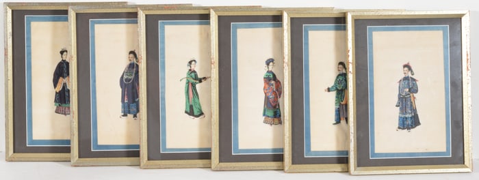 6 pith paintings. China. 19th century. Court figures. Framed under glass. Each overall: 13 x 10in.