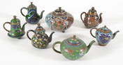 7 cloisonne works. Japan. Meiji period. 6 teapots and 1 censer. Largest 4.5in.