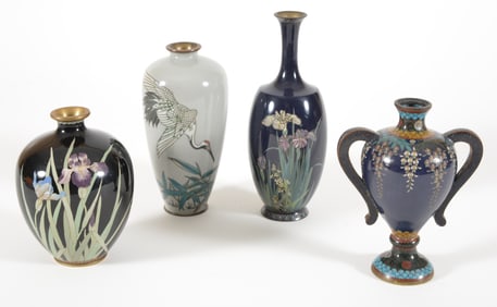 4 cloisonne vases. Japan. Meiji period. Largest 7.5in.