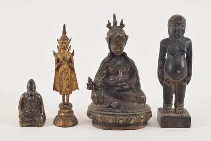 Lot of 4 bronzes. 19th/20th century. India, Thailand, Tibet, and Japan. Largest 8.25in.