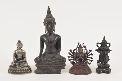 Lot of 4 bronzes. 19th/20th century. China and Thailand. Largest 13in high.