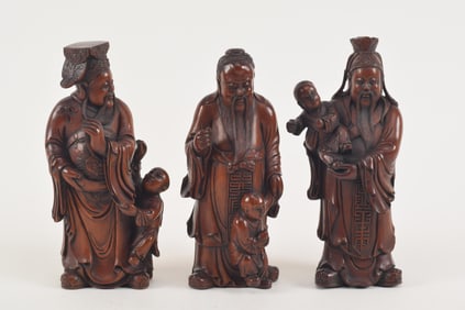 Set of 3 boxwood carvings. China. Chien Lung period (18th century). figures of the San Hsing. Each