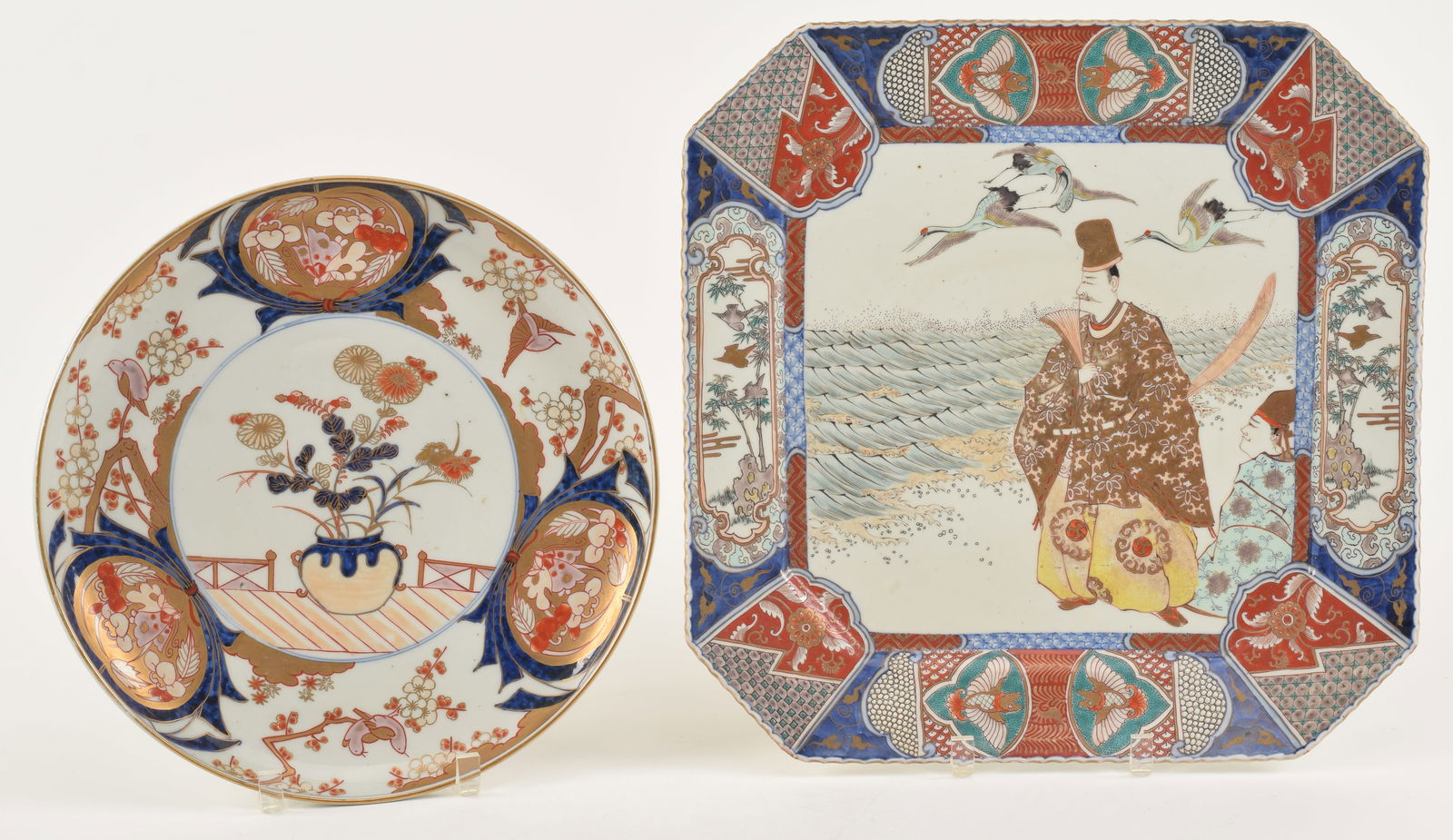 2 Imari chargers. Japan. 19th century. To include: a hexagonal plate and round plate. 15 x 12.5in. (1 of 7)