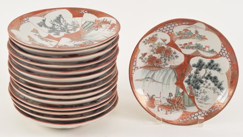 15 stoneware plates. Japan. Meiji period (1868-1912). Red Kutani ware. 9in diameter.