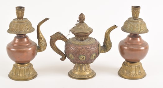 3 repousse copper vessels. Tibet. 19th century. To include: a ewer and 2 elements from an altar set