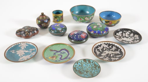 13 cloisonne works. China. Early 20th century. Including 3 boxes, 2 bowls, and others.