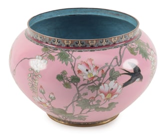 Cloisonne bowl. Japan. Meiji period (1868-1912). Globular shape. Pink ground with birds. 12 x 8in.