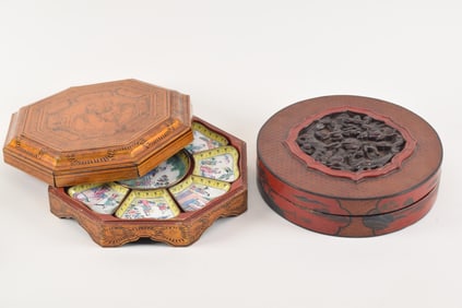 2 lacquered boxes. China. Early 20th century. One with gold lacquered surface containing a canton