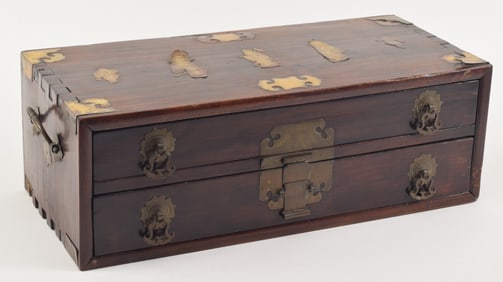 Rosewood chest. China. 18th/19th century. 2 drawer type with brass mounts and ornaments. 22 x 10 x
