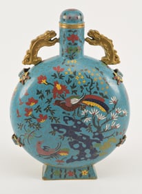 Cloisonne pilgrim flask. China. 20th century. Decoration of the palace of the King on a dark