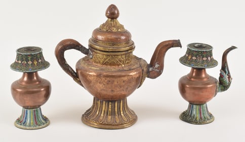 3 piece altar set. China. 19th/early 20th century. Repousse copper and brass. 8.25in.