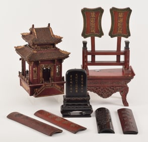 Lot of wooden objects. To include: a temple form, an ancestral table, miniature table, 2 screens in
