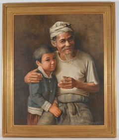 Kok Poo. Indonesia. Large painting portrait of a young boy and his grandfather, holding a cigarette.